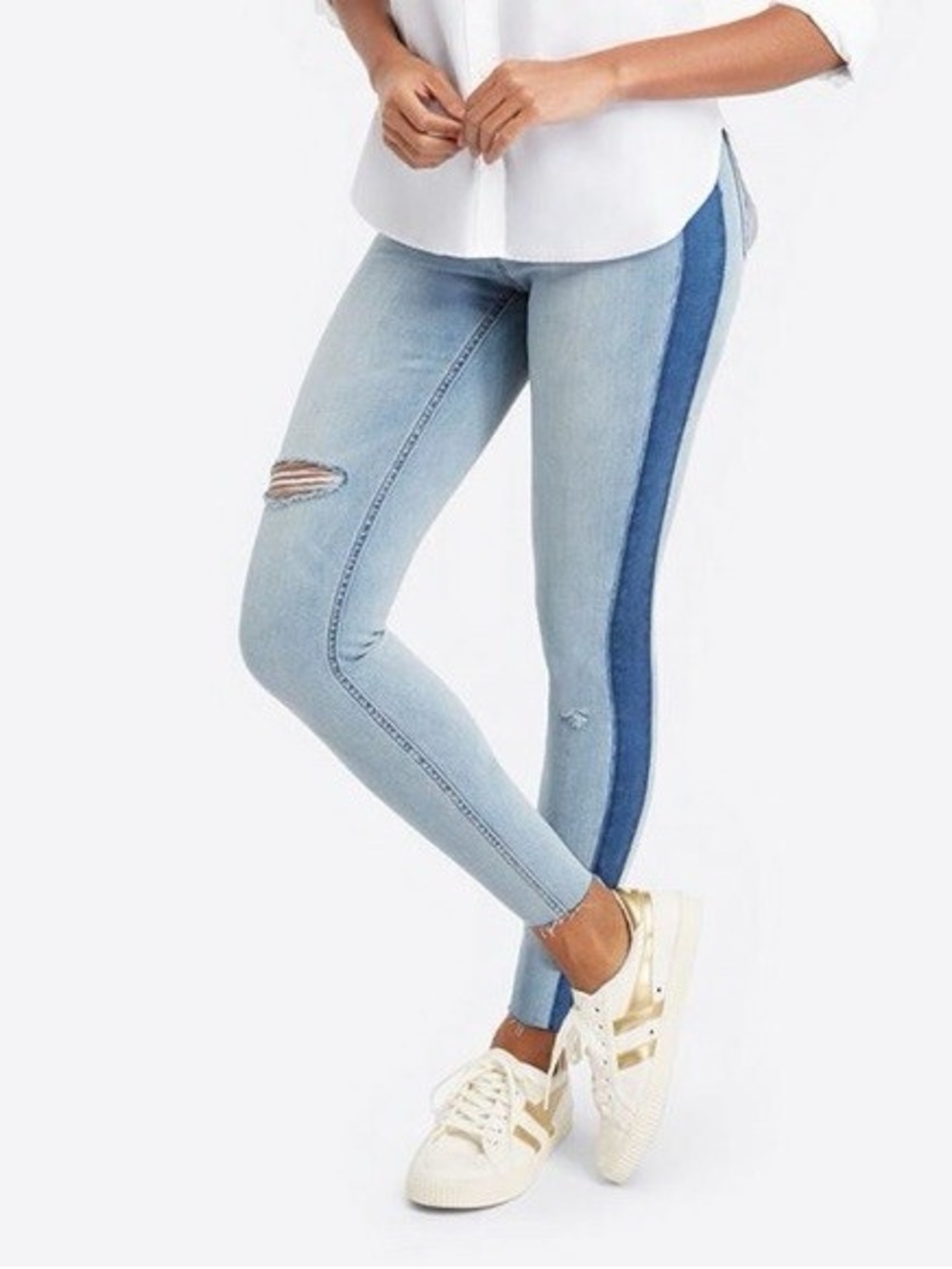 SPANX Two Tone Side Stripe Distressed Ankle Jeans Small Light Wash Denim